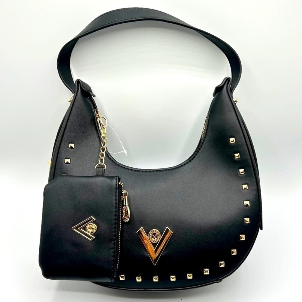 NWT Valentino Orlandi Black Gold Vegan Leather Crescent Shoulder Bag Wallet $189